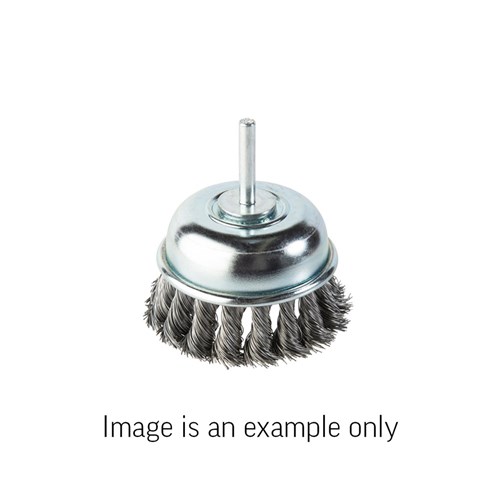 Cup Brush Twist Knot 6mm Spindle Mount High Carbon Steel 0.4mm Wire x 65mm Dia Carded